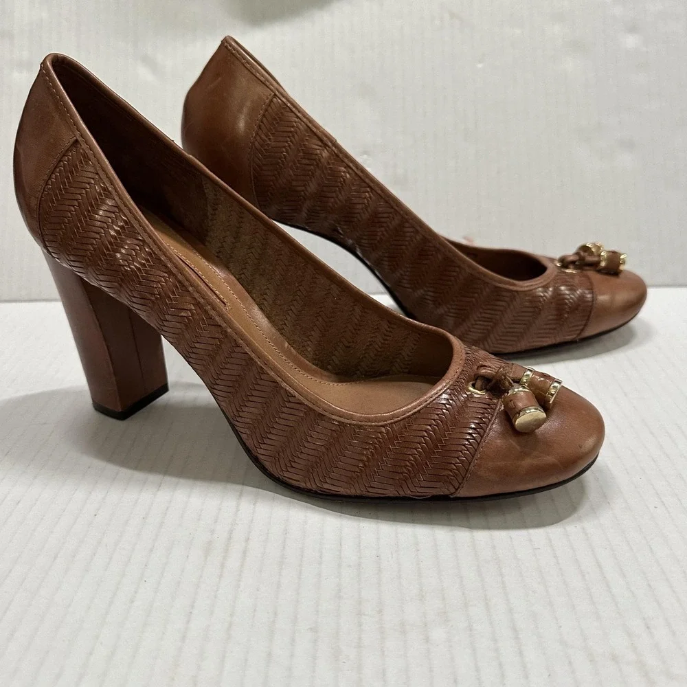 Antonio Melani Tassel Pump‎ Shoes Womens 9 Brown Leather Block Heel Round Toe